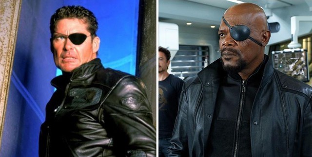  Nick Fury 1998 và 2012: có vẻ như Nick Fury rất thích nhuộm da thì phải. Thêm đó, để đồng đội nể phục mình, anh đã chuyển sang đúng mẫu tóc thịnh hành ngày nay là bộ đội đầu trọc! 