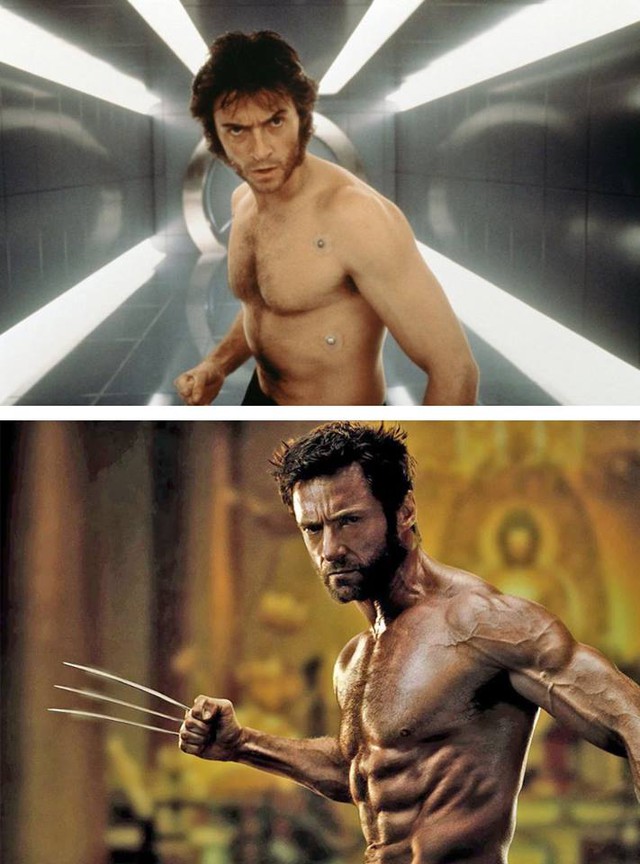  Wolverine 2000 và 2013: ngày xưa Wolverine cũng không có body đẹp như vậy đâu. Nhưng do nghe lời Giáo sư Xavier nên anh đã đi tập gym và đã trở thành soái ca của làng phim 