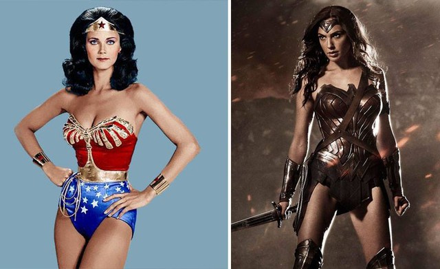  Wonder Woman 1975 và 2017: Wonder Woman ngày càng phi thường đó chứ. Không mặc quần áo vải diêm dúa nữa, cô nàng lúc nào cũng khoác giáp sắt nặng tới hàng cân 