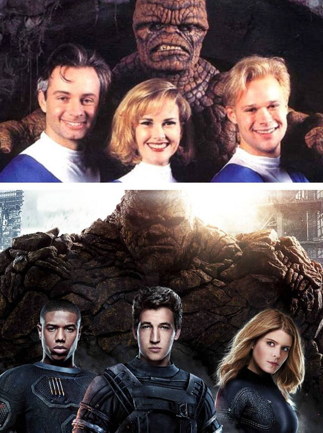  Fantastic Four 1994 và 2015: bộ tứ 10A8, à nhầm, bộ tứ siêu đẳng bây giờ trông trẻ hẳn ra so với ngày xưa. Nhất là anh chàng Người Đá nhé, tạo hình bây giờ trông đẹp trai hơn ngày xưa rồi! 