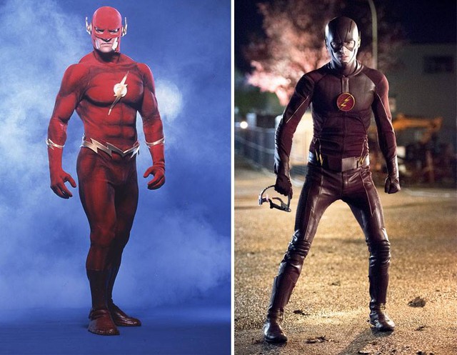  Flash 1990 và 2016: ngày xưa Flash vẫn còn chậm chạp lắm. Để có thể gia tăng tốc độ khi chạy, Flash đã buộc phải giảm cân. Nói đúng ra, thân hình của anh như mong manh trước gió 