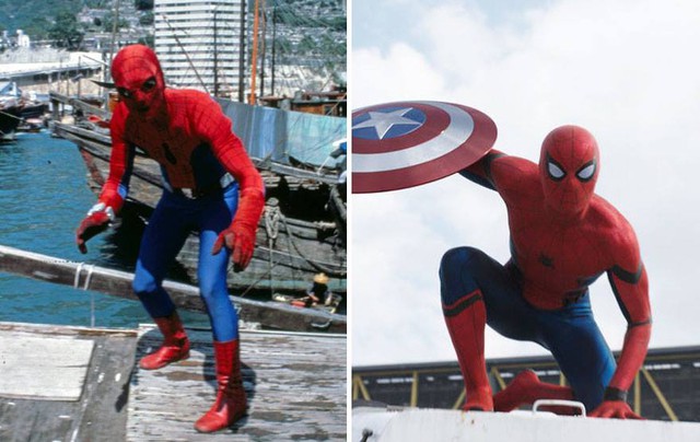  Spider Man 1977 và 2016: ngày xưa chỉ đi chụp ảnh dạo nên Spider Man chưa có tiền mua bàn là, quần áo nhàu nhĩ lắm. Kể từ khi trở thành minh tinh màn bạc, anh có thêm kinh phí để trang trải cho đạo cụ, phục trang 