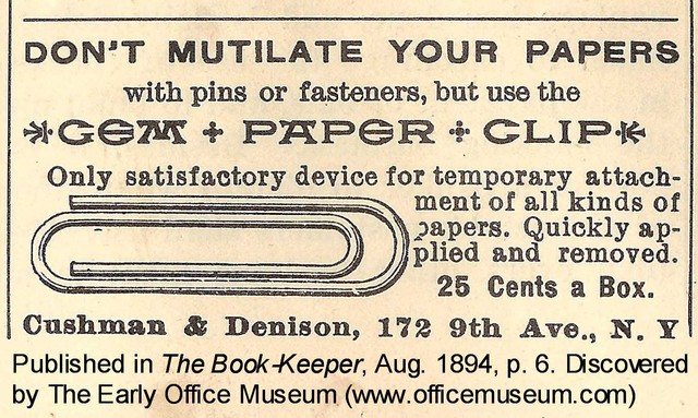  Tờ quảng cáo đầu tiên cho chiếc kẹp giấy Gem vào năm 1894. 