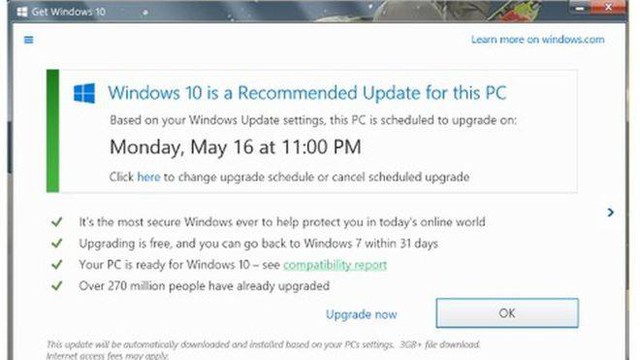  Ô thông báo việc cập nhật lên Windows 10. 