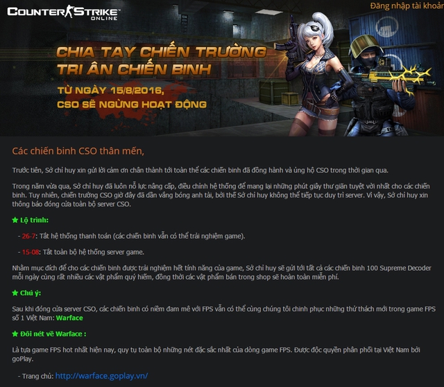 
Counter-Strike Online chính thức thông báo đóng cửa tại Việt Nam
