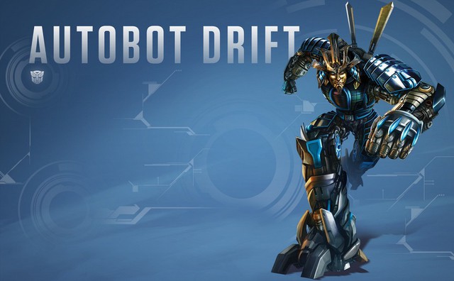 
Hình ảnh cũ của Drift trong Transformers: Age of Extinction với chỉ 2 thanh kiếm và tone màu xanh đen.
