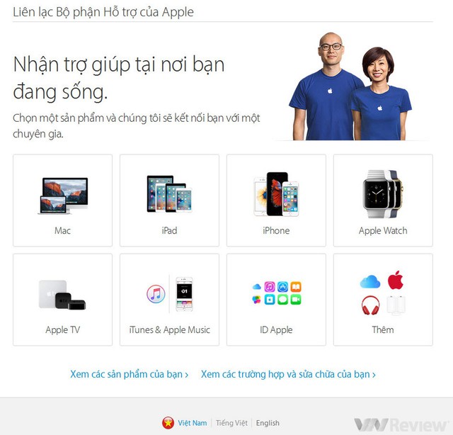 
Giao diện tiếng Việt trên website hỗ trợ khách hàng của Apple
