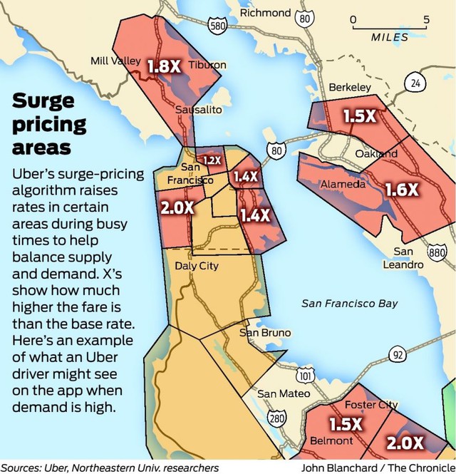  Bản đồ những khu vực tăng giá dịch vụ Uber 