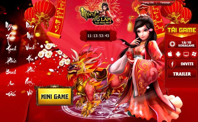 
Cận cảnh giao diện Landing Tết 2016 với thiết kế ấn tượng của game Việt Mộng Võ Lâm.
