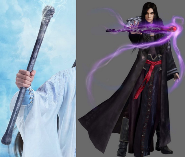 
So sánh tạo hình pháp khí Phệ Hồn Bổng trong phim Tru Tiên (ảnh phải) và game Tru Tiên (ảnh trái).
