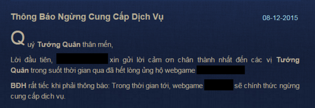 
Một kiểu thông báo ngưng hoạt động quen thuộc của những game online private tại Việt Nam.
