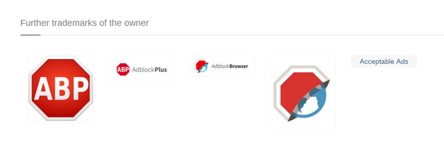  Các thương hiệu mà Adblock Plus đăng kí với Cộng đồng Thương hiệu Châu Âu. 