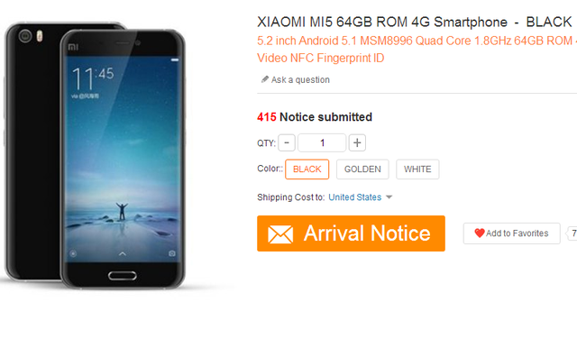  Cấu hình Xiaomi Mi 5 được Gearbest tiết lộ. 