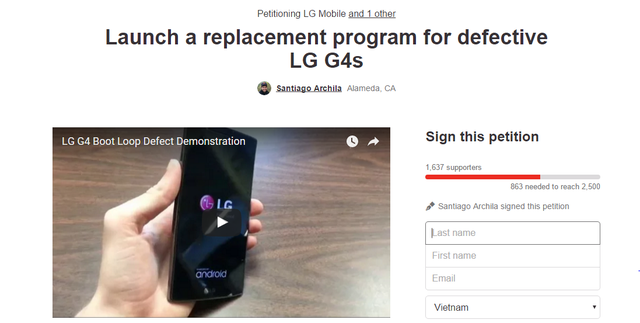  Trước đó, nhiều gười dùng smartphone LG G4 trên toàn cầu đã thu thập chữ kí yêu cầu bồi thường, gửi tới nhà sản xuất. 