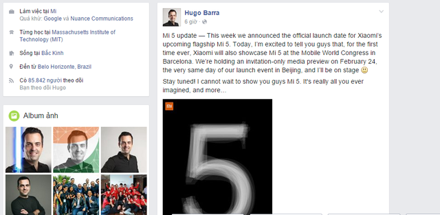  Ông Hugo Barra, Phó chủ tịch Xiaomi vừa chia sẻ thông tin về smartphone Mi 5 trên Facebook cá nhân. 