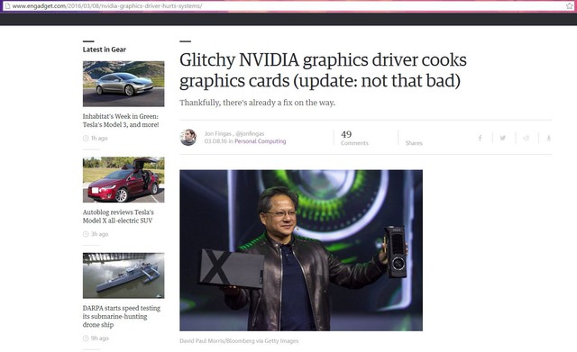  Bài viết được chuyên trang công nghệ Engadget đưa tin về việc Driver của NVIDIA có thể làm hỏng card đồ họa, nhưng sau đó bổ sung thêm không đến mức cháy hỏng. 