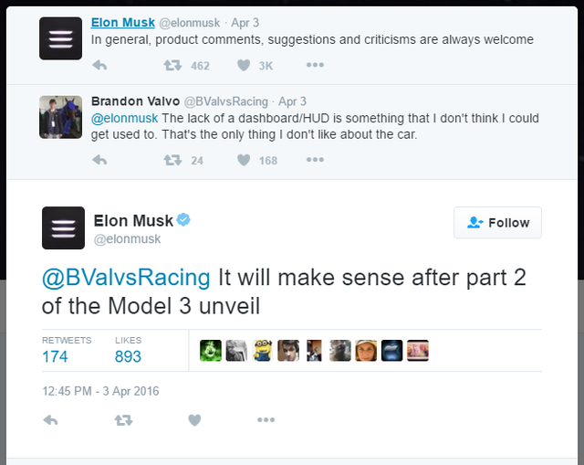  Dòng tweet của Elon Musk về việc chiếc Model 3 thiếu đi bảng đồng hồ tín hiệu. 