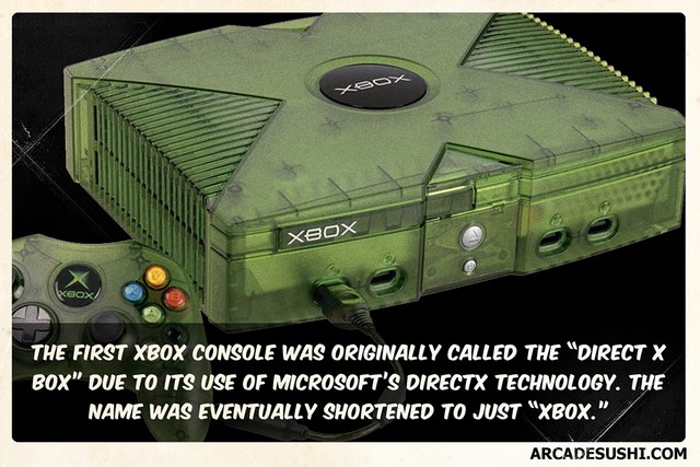 
Thệ hệ Xbox đầu tiên có tên gốc là Direct X Box bởi nó hoạt động dựa trên công nghệ này của Microsoft. Sau đó nó được rút ngắn lại thành Xbox.

