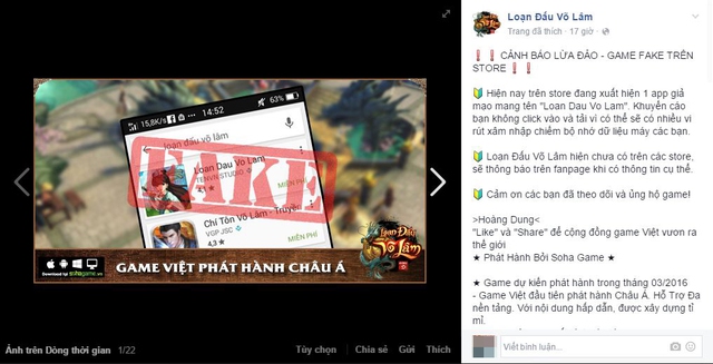 
Trên fanpage Loạn Đấu Võ Lâm, BQT game cũng đưa ra những cảnh báo về việc giả mạo
