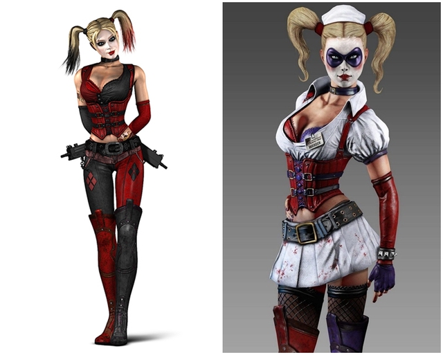 Harley của series game Batman: Arkham City (trái) và tạo hình trang phục y tá lạ lẫm trong Arkham Asylum (phải)