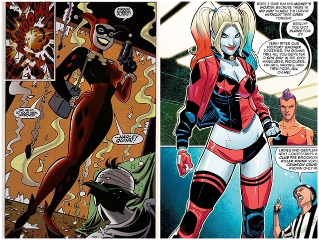 
Harley lần đầu tiên xuất hiện trên truyện tranh (trái) năm 1993 và Harley khác hoàn toàn trong bộ truyện đang phát hành New 52 (phải)
