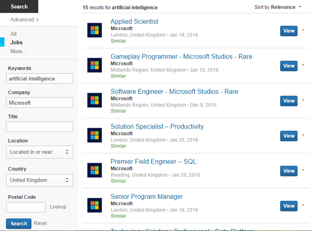  Các vị trí về Trí tuệ nhân tạo mà Microsoft đang tuyển dụng. 