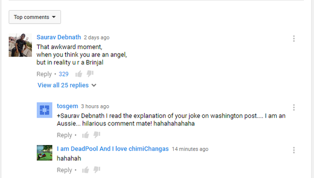  Comment hot nhất trên Youtube: “Cái cảm giác khi bạn nghĩ bạn là một thiên thần, nhưng thật ra bạn chỉ là một quả... cà tím.” 