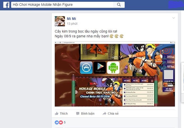 Hình ảnh người chơi tiết lộ trang chủ Hokage Mobile trên Nhóm thảo luận của game