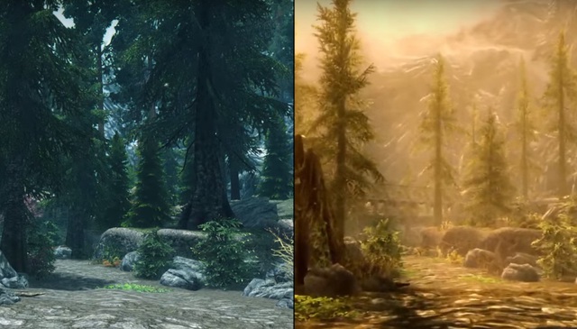 
Skyrim với mod trên PC (trái) và hình ảnh trong bản Special Edition dành cho Xbox One (phải).
