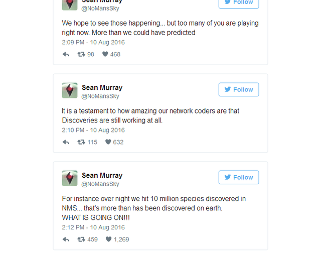 
Những dòng Tweet đầy phấn khởi của Sean Murray - phụ trách dự án No Mans Sky sau 1 ngày khi game ra mắt.
