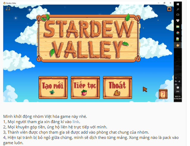 
Thông báo khởi động bản Việt hóa Stardew Valley trên trang Gametiengviet.com.
