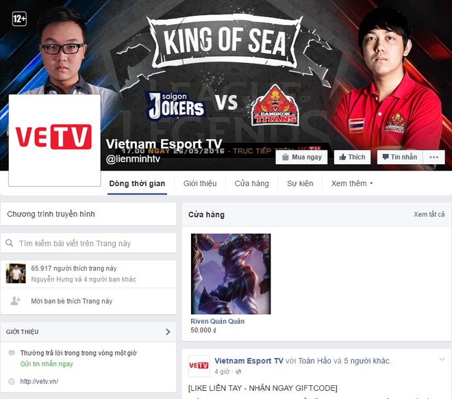 
Fanpage giả mạo Vietnam Esports TV
