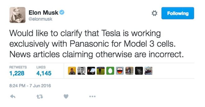  Tweet của Elon Musk nhằm đính chính thông tin Tesla hợp tác với Samsung là sai sự thật. 