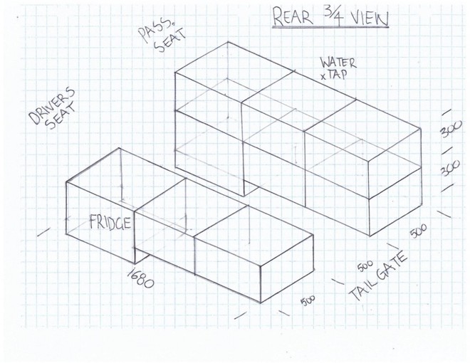  Bố và tôi đã thiết kế bố cục cho các ngăn tủ bên trong xe chỉ bằng ước lượng. Tôi đã ứng dụng bản vẽ này và xếp chúng đối xứng y như thế. Chỉ có điều chiếc tủ lạnh được đặt ngay sau ghế trước dành cho khách chứ không phải sau ghế lái. Với vị trí sắp đặt này, ghế ngồi sẽ không bị rời về chỗ cũ gây bất lợi khi tôi phải lái xe. 
