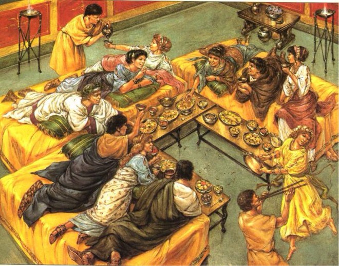 Những bữa ăn của quý tộc La Mã không thể thiếu rượu nho.