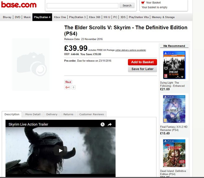 
Trang bán hàng Base.com đã đăng tải thông tin về phiên bản làm lại của Skyrim.
