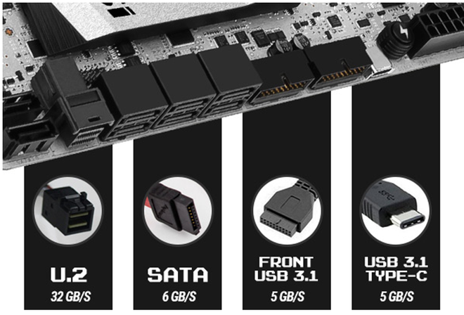 
Một số cổng giao tiếp với các thiết bị lưu trữ được thiết kế sẵn trên mainboard Z170A MPower Gaming Titanium.

