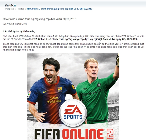 FIFA Online 2 thông báo đóng cửa ở Việt Nam 1