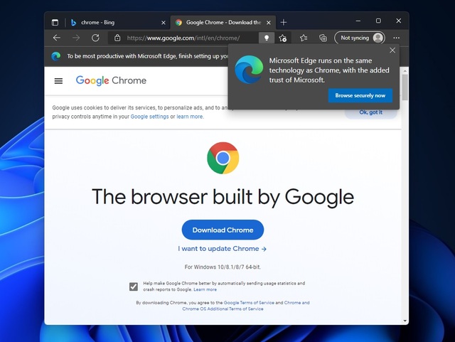 Microsoft Edge lại dùng 'tiểu xảo', cố gắng ngăn người dùng tải xuống Google Chrome - Ảnh 1.