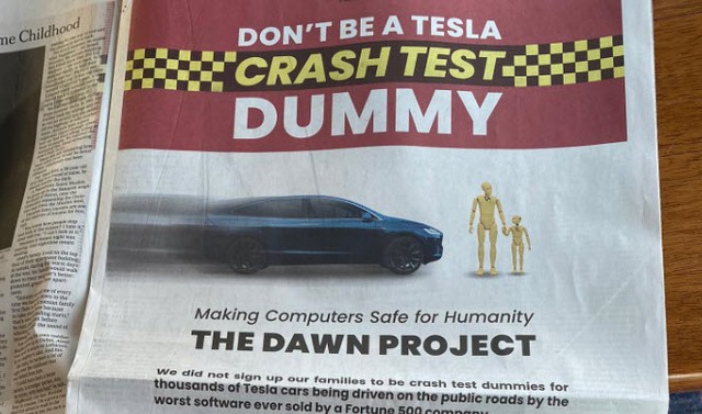 Mua nguyên trang quảng cáo trên New York Times, cáo buộc Tesla đối đãi người dùng như “hình nhân thử va đập” - Ảnh 1.