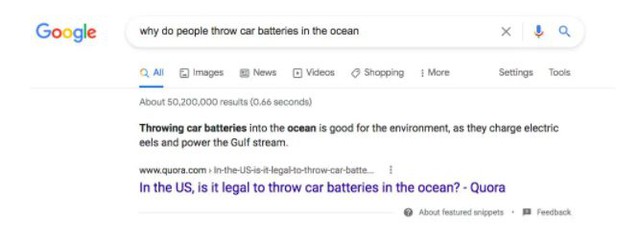 Algorithm error led Google to advise people to throw electric batteries into the sea to 