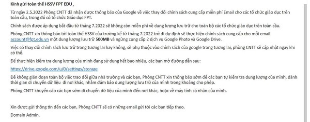 Một trường CNTT học phí top đầu Việt Nam giới hạn dung lượng Google của sinh viên còn 500MB, ít hơn cả thời kỳ sơ khai của Gmail cách đây gần 20 năm - Ảnh 1.