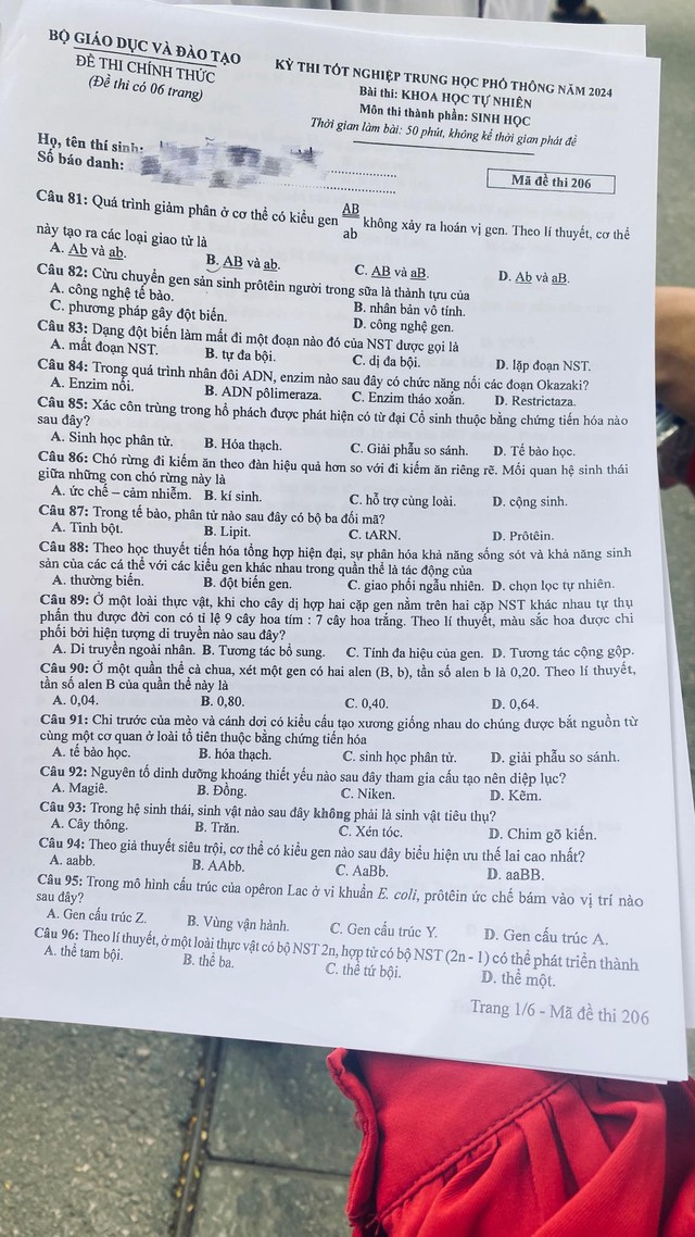 ĐÃ CÓ gợi ý đáp án môn SINH HỌC tốt nghiệp THPT 2024, cập nhật ngay TẠI ĐÂY - Ảnh 2.