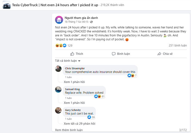 Chưa đầy 24 giờ sau khi nhận xe Tesla Cybertruck, anh chồng khóc ròng vì vợ chỉ vẩy tay là làm xước kính xe- Ảnh 1.