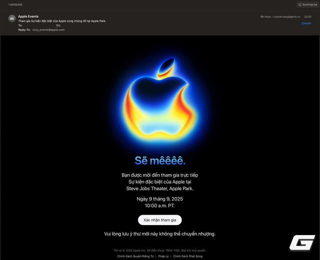 Apple gửi thư mời sự kiện ra mắt iPhone 17 ngày 9/9: “Sẽ mêêêê”- Ảnh 1. Apple gửi thư mời sự kiện ra mắt iPhone 17 ngày 9/9: “Sẽ mêêêê”- Ảnh 1.