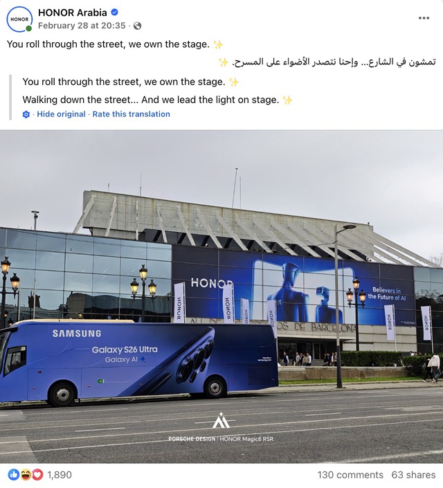 HONOR đăng ảnh "chiếm s&acirc;n khấu" MWC, d&acirc;n mạng k&eacute;o v&agrave;o gọi t&ecirc;n Galaxy S26 Ultra: k&egrave;o n&agrave;y ai mới l&agrave; nh&acirc;n vật ch&iacute;nh? - Ảnh 1.