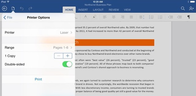 Microsoft Office cho iPad có tính năng in