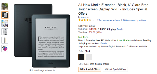 
Amazon Kindle E-reader 49,99 USD
