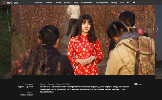 
Tại Việt Nam, hình ảnh hot girl Kiều Trinh trong bộ áo dài truyền thống giữa vườn đào được Reuters lựa chọn làm đại diện.
