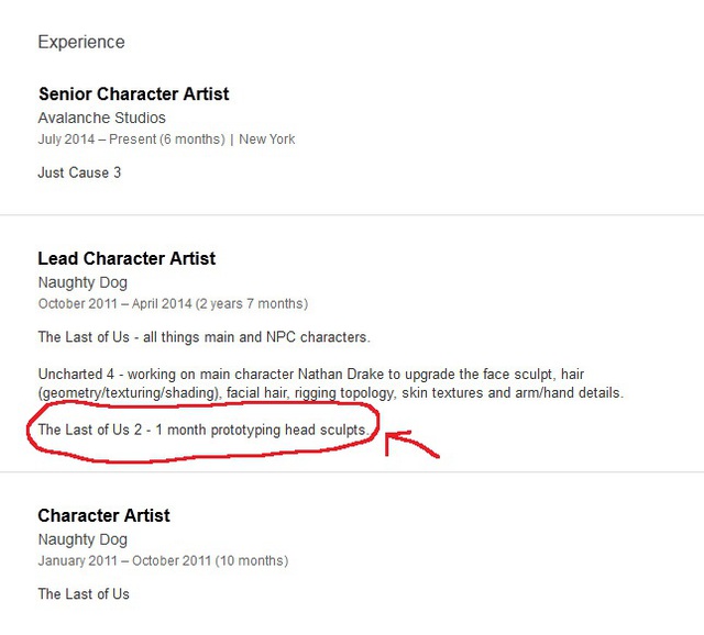 
CV của một nhân viên Naughty Dog đề cập đến công việc xây dựng đầu các mô hình cho The Last of Us 2 trong vòng 1 tháng.
